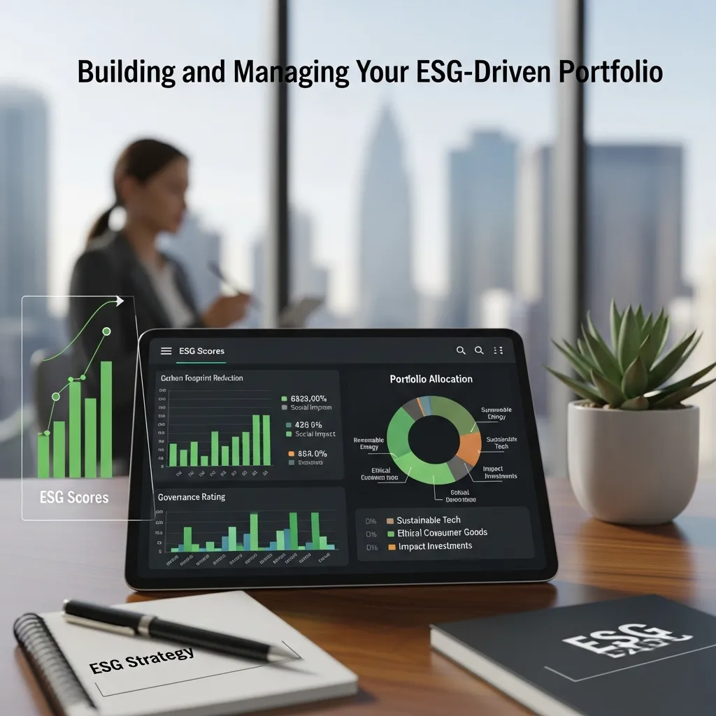 Financial dashboard showing ESG portfolio management with performance metrics and sustainability scores.