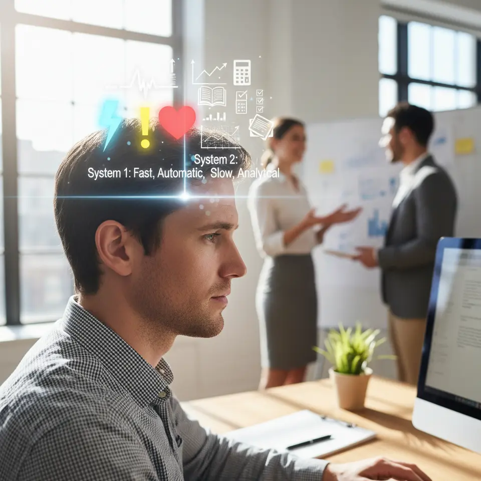 Dual-System Thinking Illustration: a human head or brain split into two halves—one side glowing with quick, intuitive symbols (lightning bolt, heart, exclamation point) labeled “System 1: Fast, Automatic,” the other side filled with graphs, calculator icons, books and checklists labeled “System 2: Slow, Analytical.”
