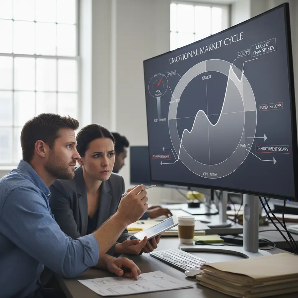 Emotional Market Cycle Chart: a smooth price-curve rising and falling around a circular cycle, annotated at each phase with emotive labels (Hope, Greed, Anxiety, Panic, Despondency, Optimism), plus overlayed sentiment indicators like a VIX gauge, news headlines and fund-flow arrows to show how crowd emotion drives the cycle.
