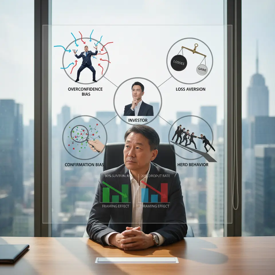Infographic of dominant cognitive biases in investing: central figure of an investor with five surrounding visuals—an overconfident trader juggling too many arrows, a tilted scale showing losses heavier than gains for loss aversion, a magnifying glass filtering only supportive data for confirmation bias, a crowd dragging an investor off a cliff for herd behavior, and two identical data charts framed as 80% survival vs 20% dropout for the framing effect.
