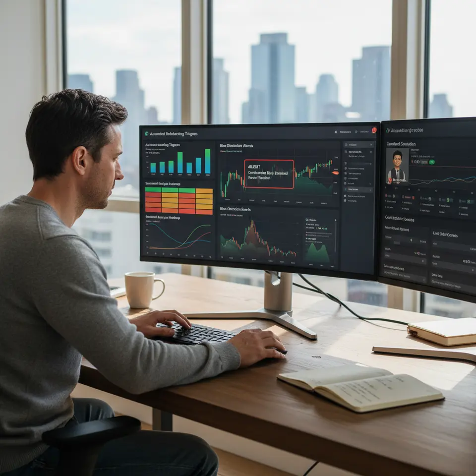 Visualization of a modern portfolio management dashboard integrating behavioral strategies: multiple panels showing automated rebalancing triggers, a colorful sentiment analysis heatmap, real-time bias-detection alerts popping up, a gamified simulation window with practice trades, and limit-order controls—all arranged on a sleek, user-friendly trading platform interface.