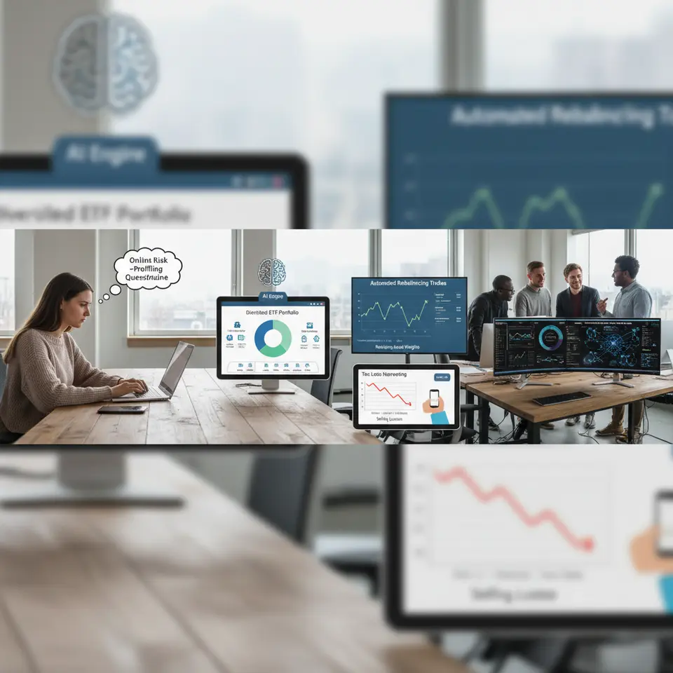A multi-step algorithmic workflow infographic: a user completing an online risk-profiling questionnaire; an AI engine building a diversified ETF portfolio; automated rebalancing trades realigning asset weights; tax-loss harvesting selling losers; machine-learning modules adapting allocations with new market data