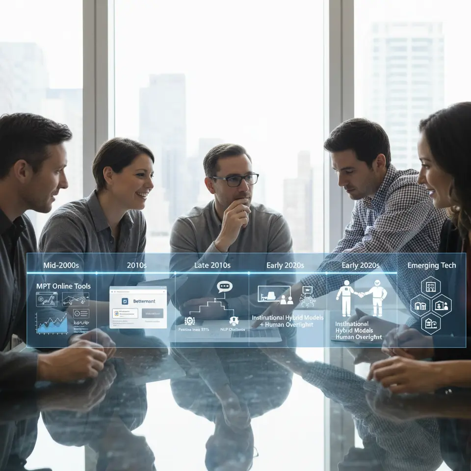 A horizontal timeline visualization of robo-advisor evolution: mid-2000s Modern Portfolio Theory online tools; 2010s web-based portals (Betterment, Wealthfront) with passive index ETFs; introduction of factor-tilts and NLP chatbots; institutional hybrid models blending algorithms with human oversight; emerging DeFi protocols and tokenized real assets