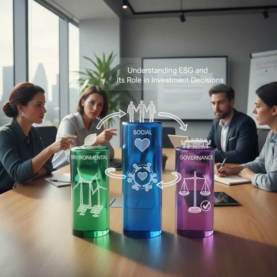 Understanding ESG and Its Role in Investment Decisions – a visual of three interlocking pillars labeled Environmental, Social, and Governance. The Environmental pillar features wind turbines, solar panels, and a leaf; the Social pillar shows diverse people, a heart icon, and community outreach; the Governance pillar displays a boardroom table, a scale of justice, and a document with a checkmark. Arrows flow between them to illustrate integrated risk and opportunity analysis.