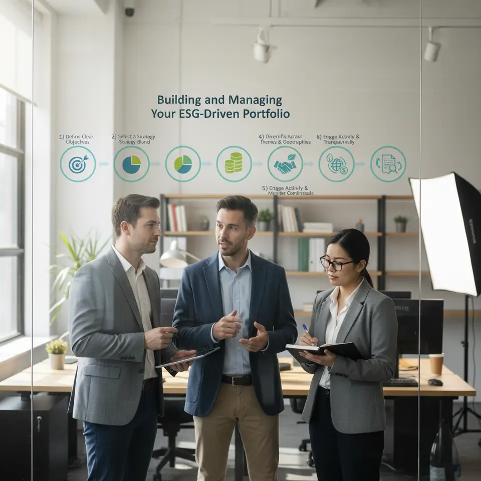 Building and Managing Your ESG-Driven Portfolio – an infographic roadmap with six sequential steps: 1) Define Clear Objectives (bullseye target icon), 2) Select a Strategy Blend (pie chart with colored segments), 3) Invest in High-Quality Data (stacked database icon), 4) Diversify Across Themes & Geographies (world globe overlaid with environmental and social symbols), 5) Engage Actively & Monitor Continuously (handshake and magnifying glass icons), 6) Rebalance & Report Transparently (refresh arrows circling a report document). Each step is numbered and connected by a directional flow.